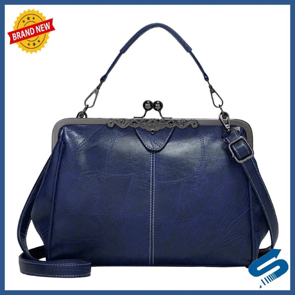 Vegan Leather Crossbody Clutch with Kiss Lock Vintage Satchel Purse